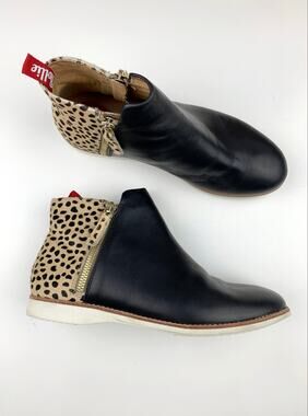Rollie Nation Side Zip Boots Ankle Booties Black Cheetah Leather Women's 37 US 6